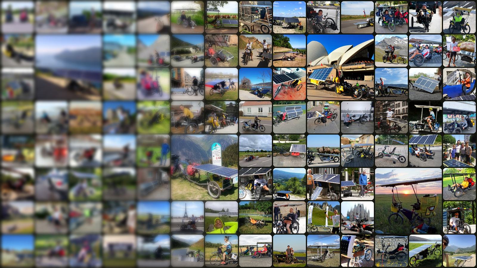 Collage of solar e-bikes, trikes and solar trailers built by the Solar-Mobility community