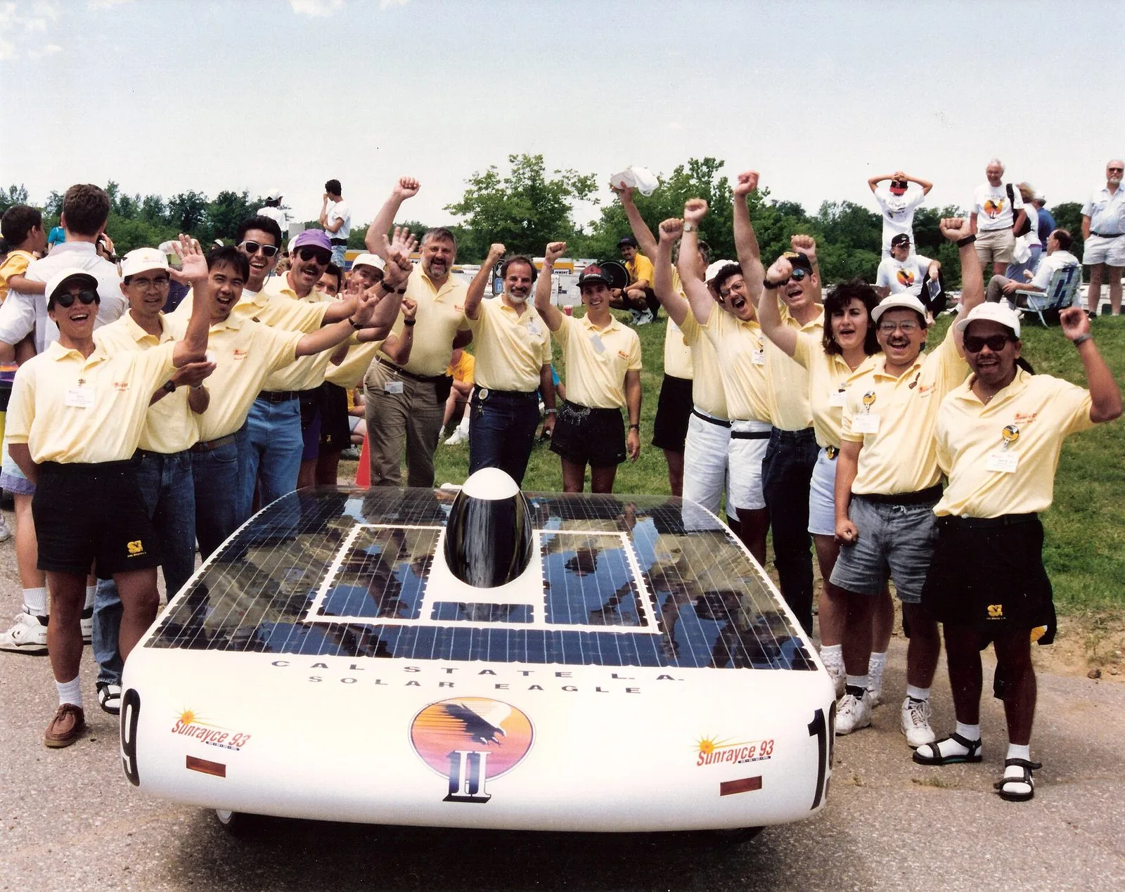 Solar Eagle II crossing the Sunrayce finish line with the Cal State LA team