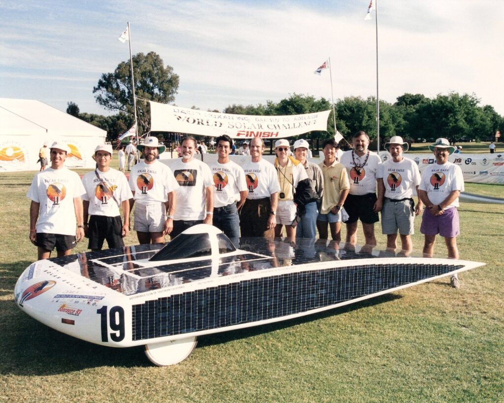 At the finish of the 1993 World Solar Challenge in Australia.