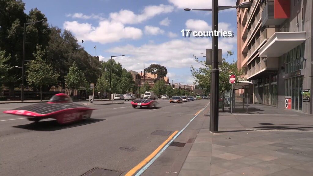 Rolling through a town during the World Solar Challenge.