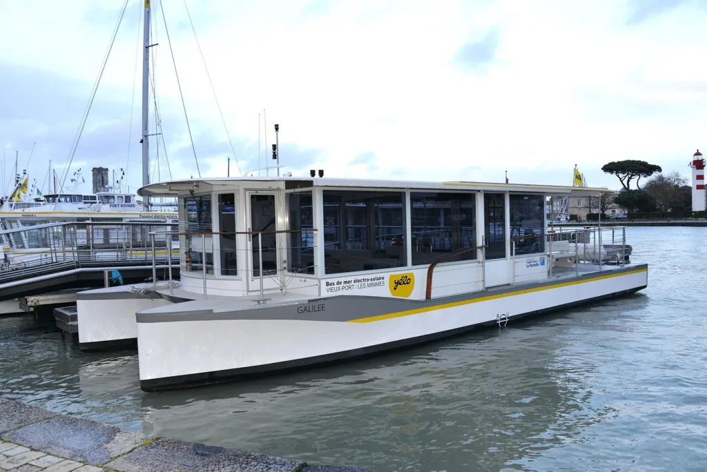 The electro-solar sea bus Galilée moored in the port of La Rochelle
