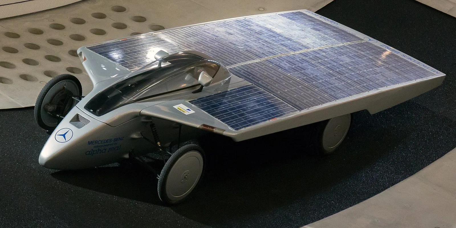 The silver Mercedes-Benz Alpha Real solar car in the Mercedes-Benz Museum