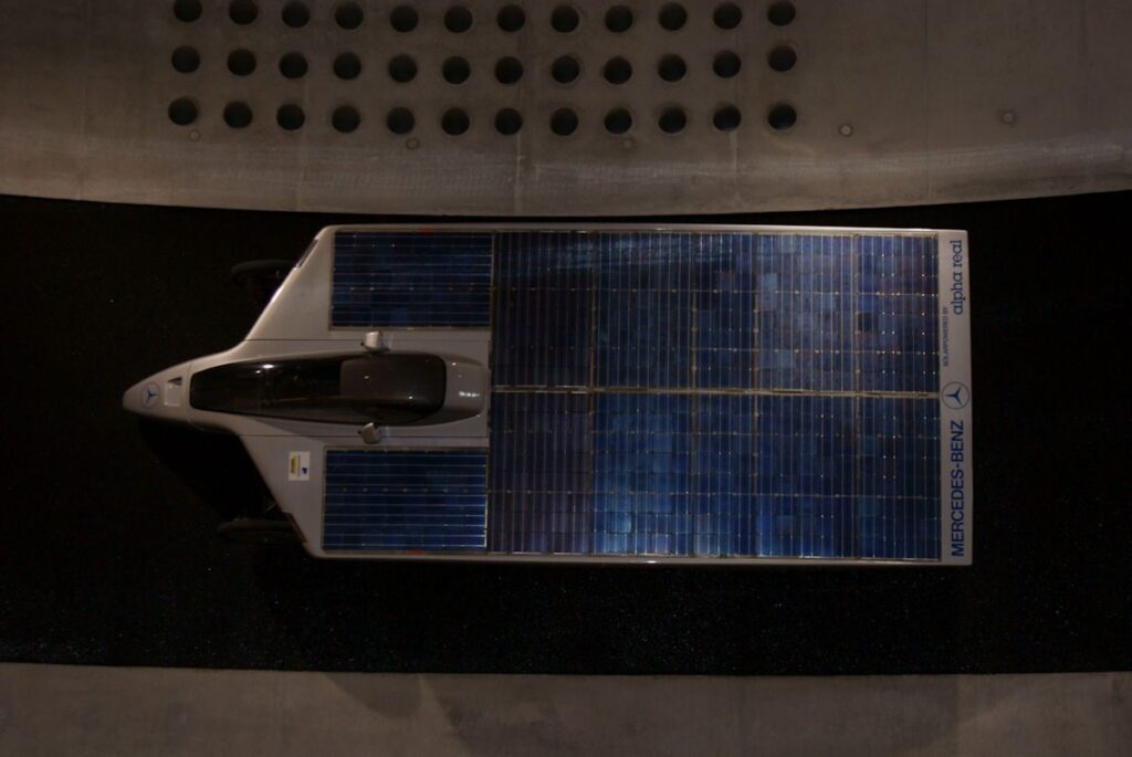 From above: the solar array that powered the car to victory in 1985.