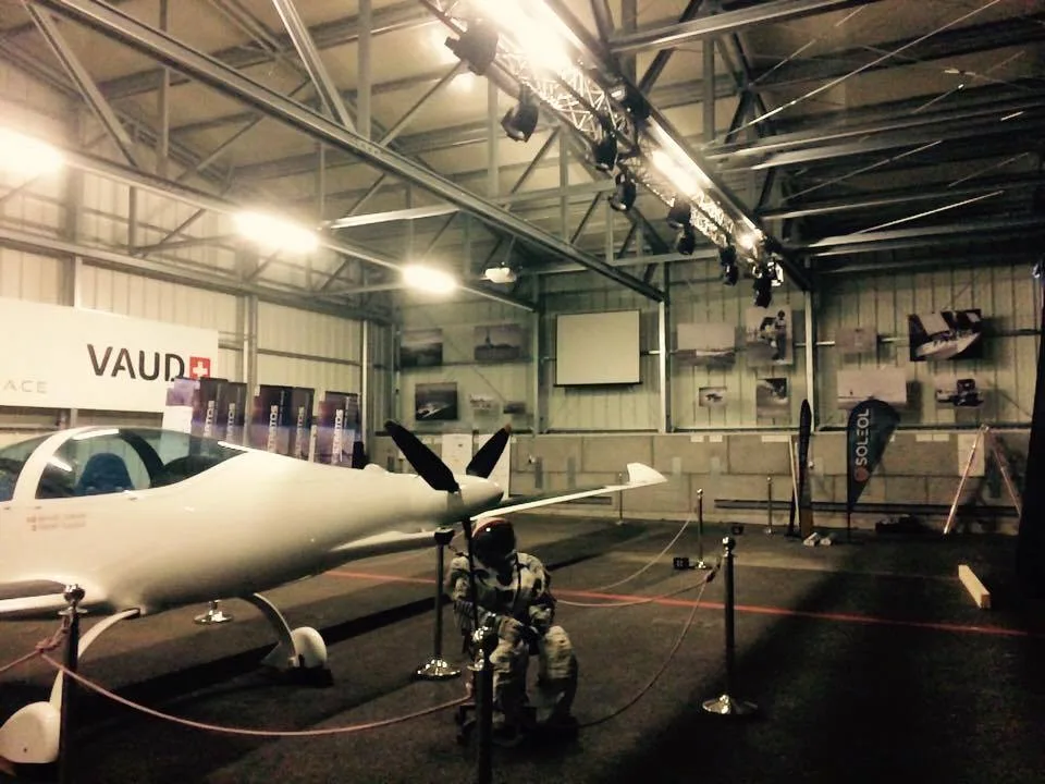 The long-winged SolarStratos solar aircraft in its hangar in Payerne, Switzerland
