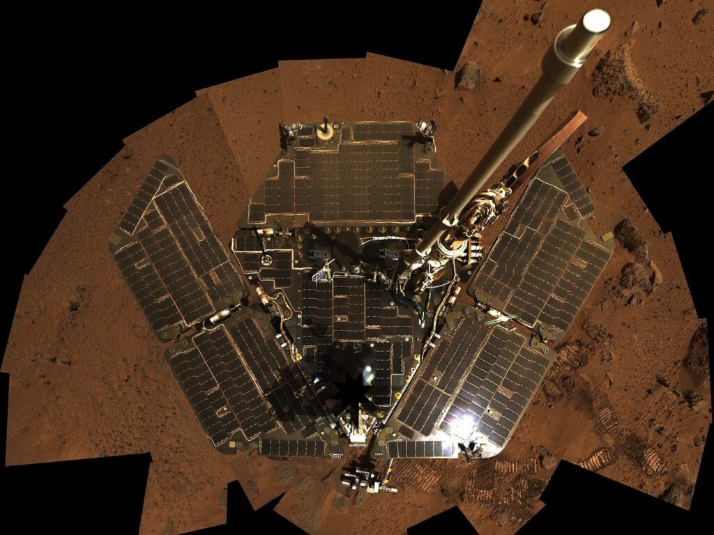 Spirit seen from above: a mosaic of its own solar deck, taken on Mars.