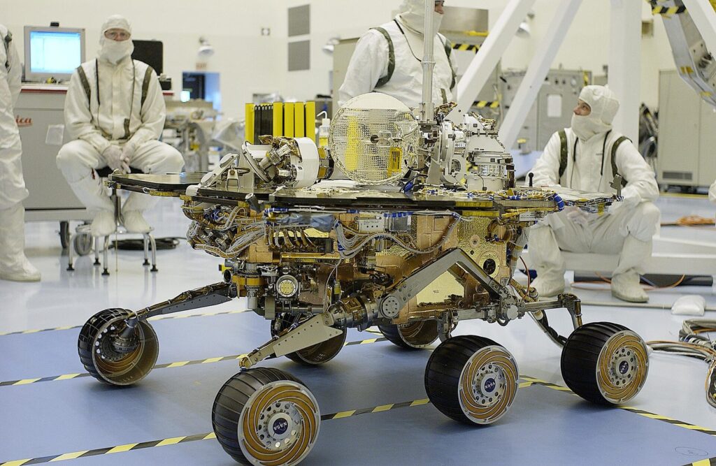 Final checks of Spirit's solar arrays at Kennedy Space Center before launch in 2003.
