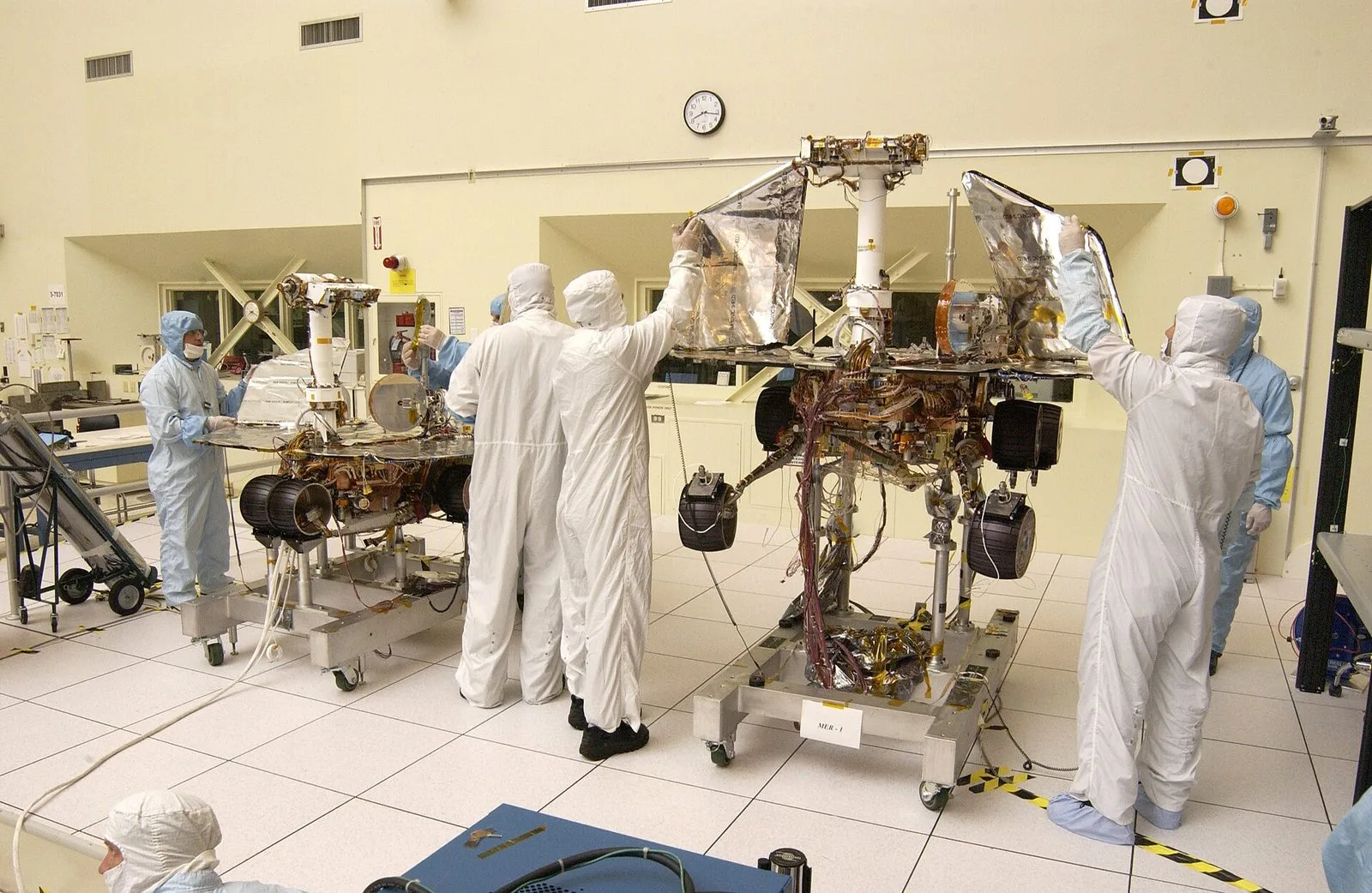 NASA engineers deploying the solar arrays of the Mars Exploration Rover Spirit