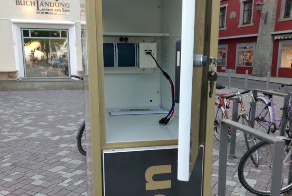 Public e-bike battery charging locker with an open door in Überlingen