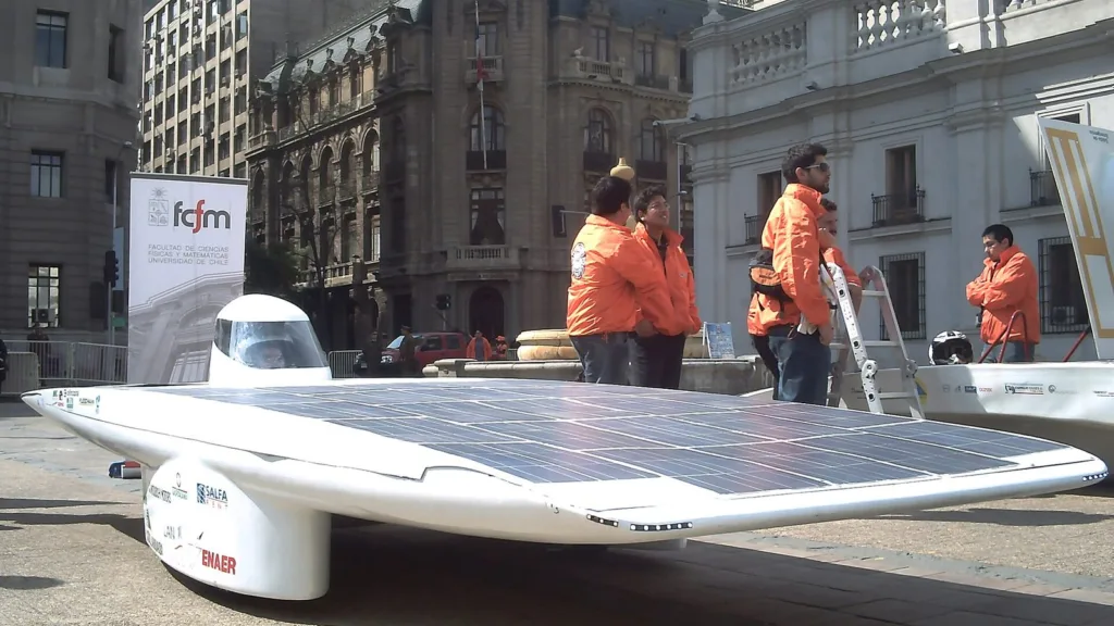 Eolian 2 solar car presented in front of La Moneda Palace in Santiago de Chile