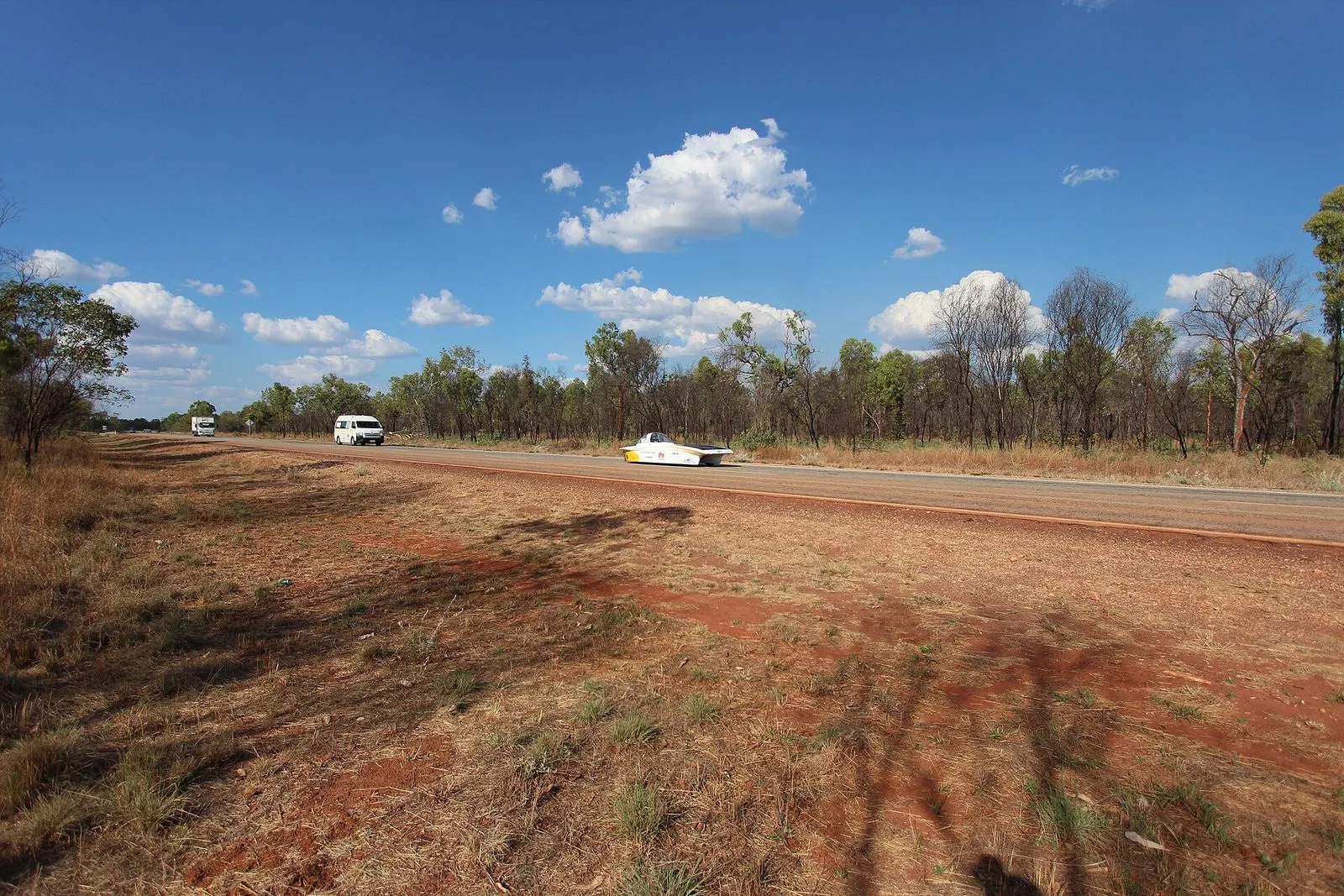 The Huawei Sonnenwagen solar car driving on the Stuart Highway in Australia