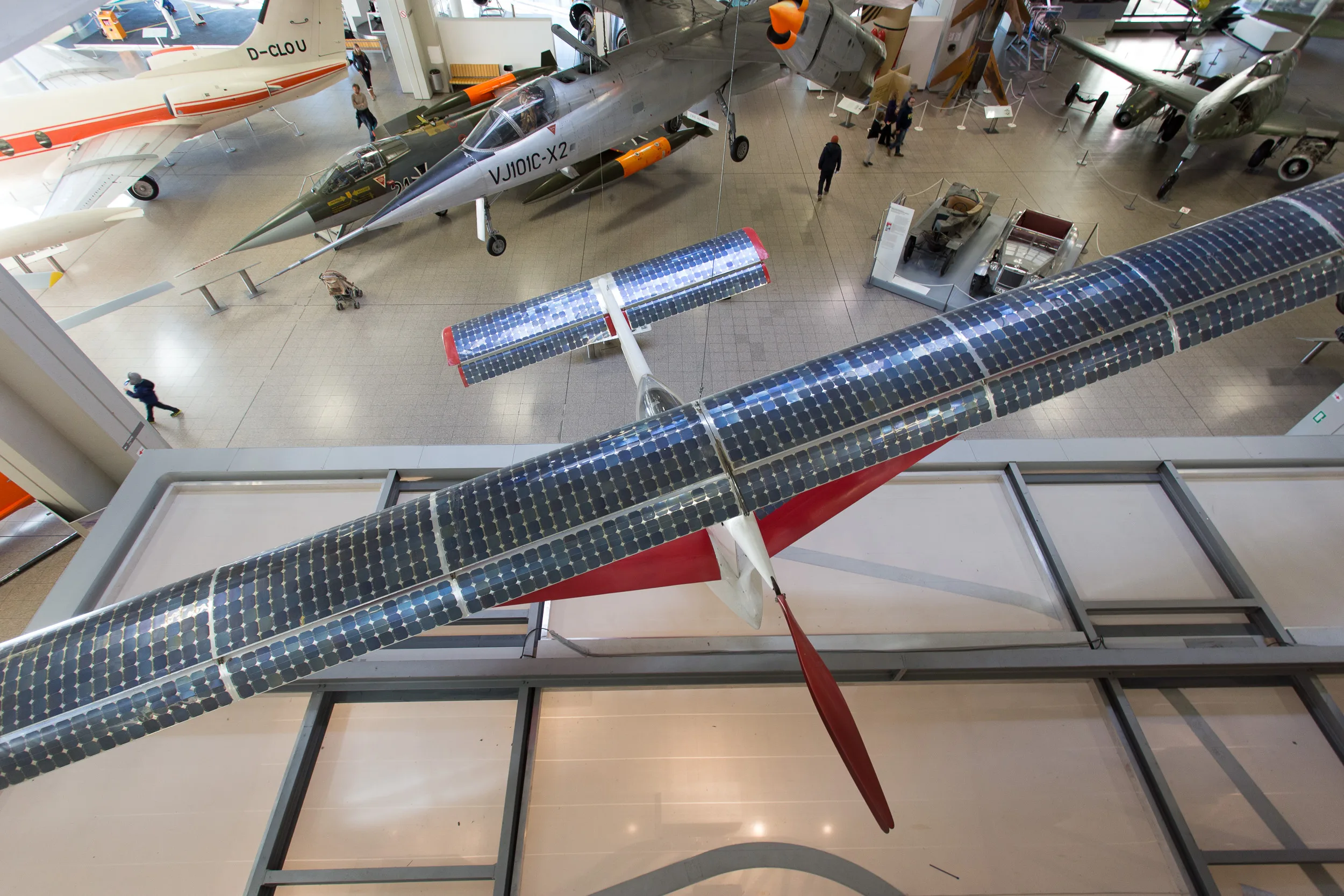 The Solair I solar aircraft with solar cells covering its long wing, on display at the Deutsches Museum