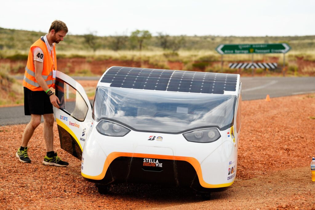 Stella Vie solar family car on the road during the 2017 World Solar Challenge in Australia