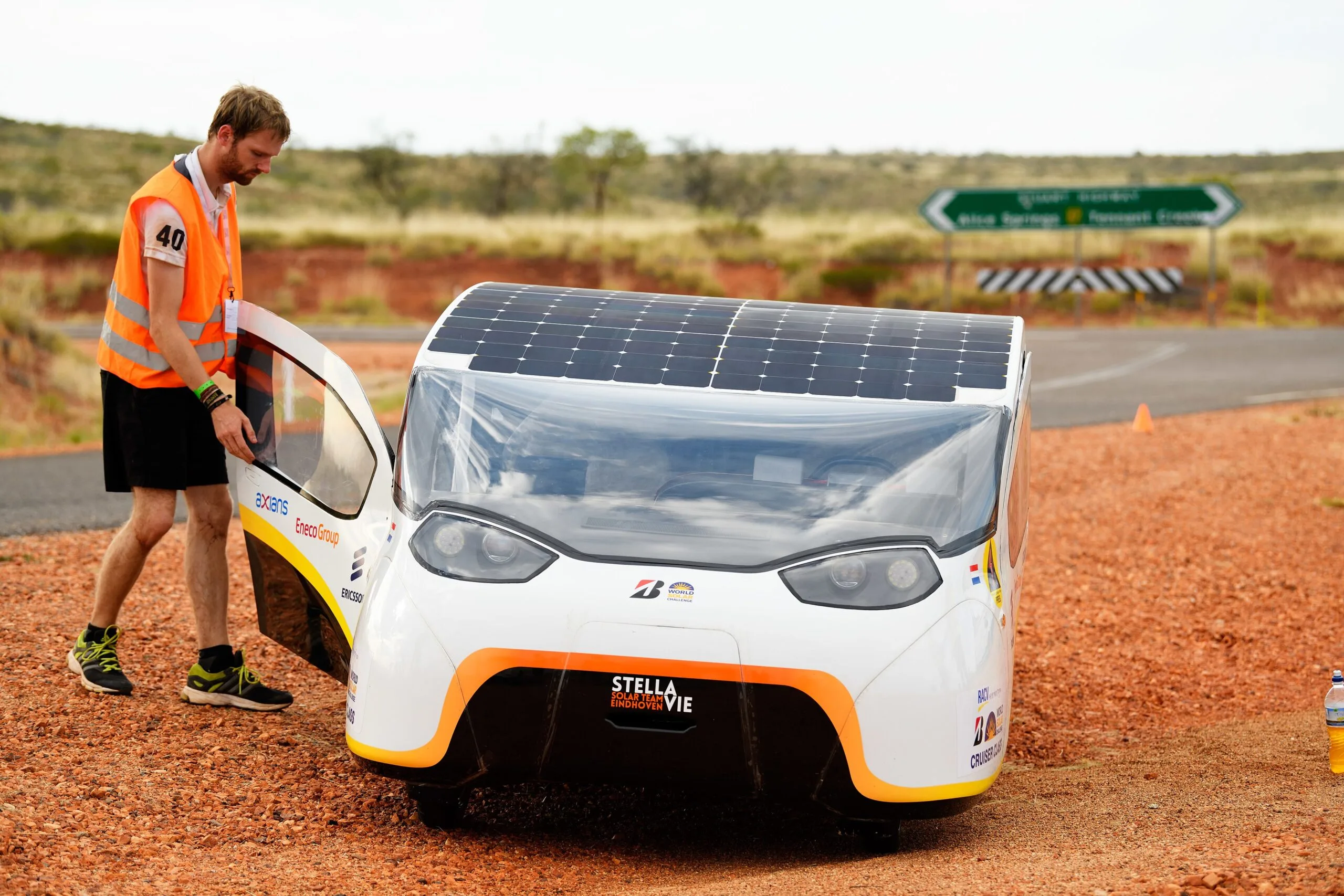Stella Vie solar family car on the road during the 2017 World Solar Challenge in Australia